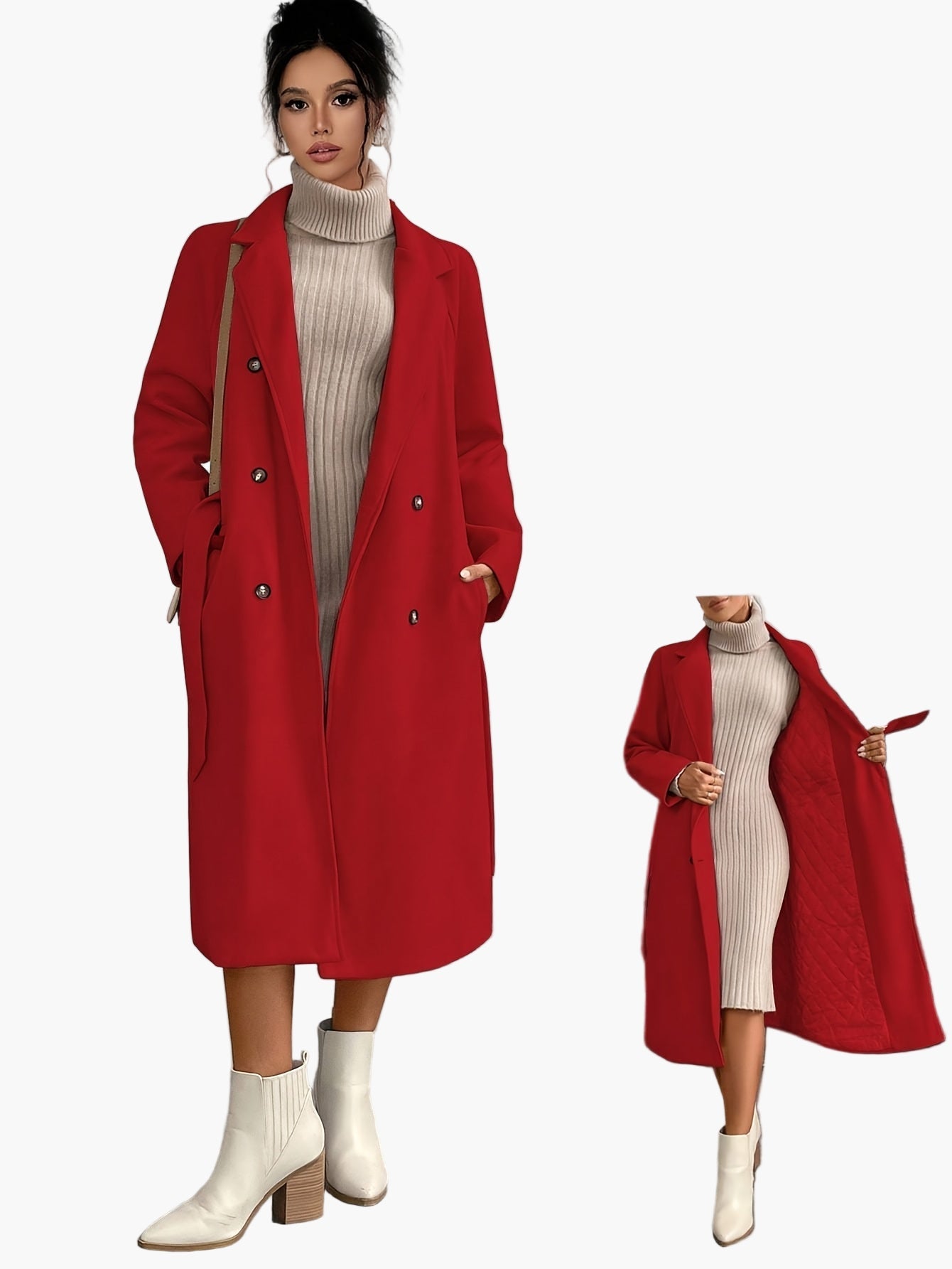 Women's Elegant Winter Coat with Belt and Pockets – Long Double-Breasted Transitional Coat for Autumn and Winter