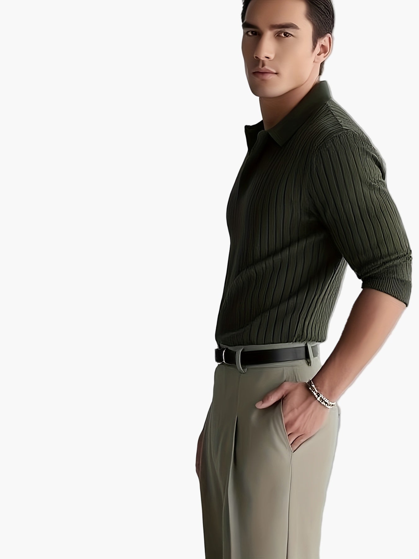 Men's knitted polo shirt with ribbed texture – Elegant casual top for office & everyday use