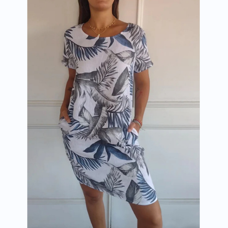 Leah – Damenkleid mit Rundhals und Botanischem Druck