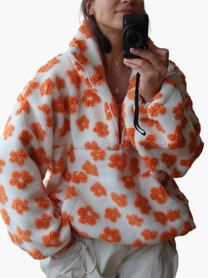 Women's Teddy Fleece Pullover with Floral Pattern – Cozy Boho Style for Leisure and Autumn