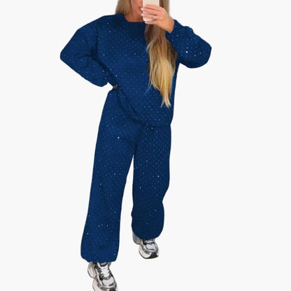 Damen Freizeit Zweiteiler Set mit Strass – Bequemes Oversize Outfit für Alltag und City