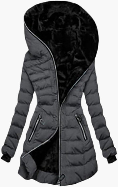 Women's winter jacket with hood and asymmetrical zipper – Fashionable outdoor jacket with fleece lining