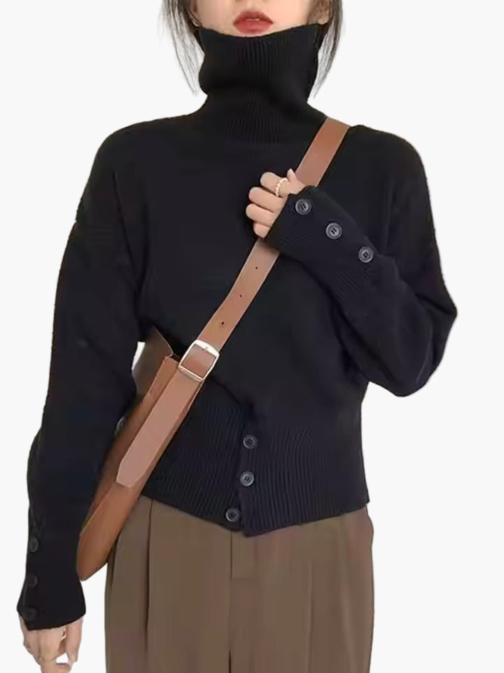 Women's knitted sweater with stand-up collar and button placket – fashionable casual look