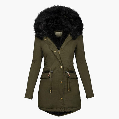 Women's winter coat with hood and faux fur – Elegant, lined parka for cold days
