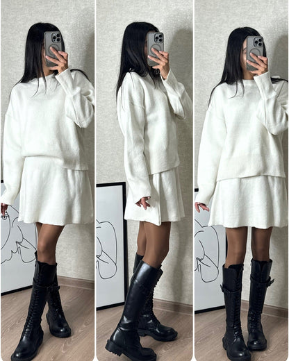 Women's Knitting Set Autumn Winter – Fashionable Sweater & Skirt Set for Everyday and Going Out