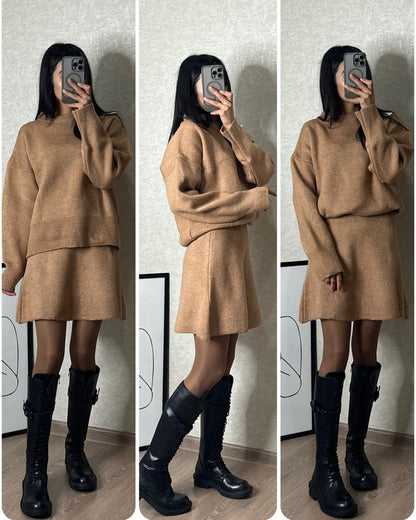 Women's Knitting Set Autumn Winter – Fashionable Sweater & Skirt Set for Everyday and Going Out