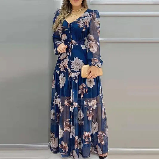 Kathleen – Elegantes Langärmliges Maxi-Blumenkleid mit V-Ausschnitt