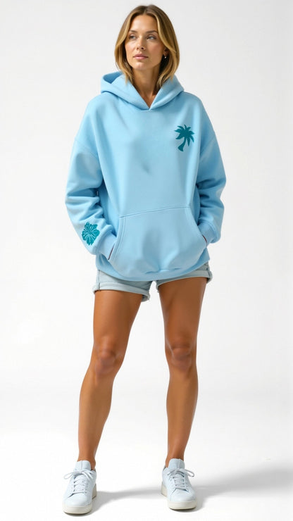 Women's Casual Oversize Hoodie with Tropical Embroidery – Modern Hooded Sweatshirt for Everyday and Vacation