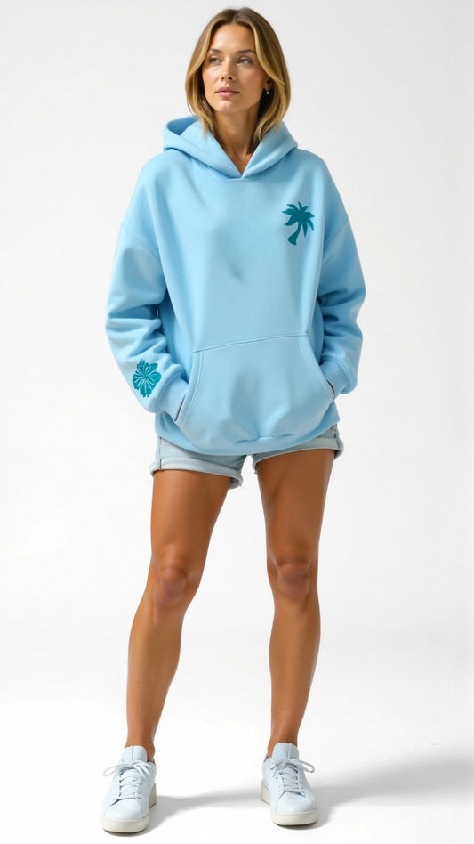 Women's Casual Oversize Hoodie with Tropical Embroidery – Modern Hooded Sweatshirt for Everyday and Vacation