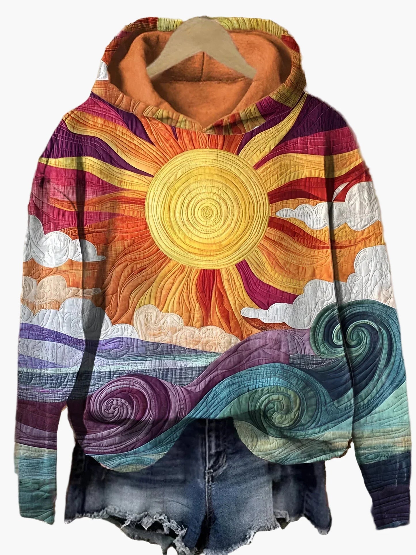 Damen Hoodie mit künstlerischem Sonnen- und Wellenmotiv – Boho Freizeitpullover für Alltag und Festival