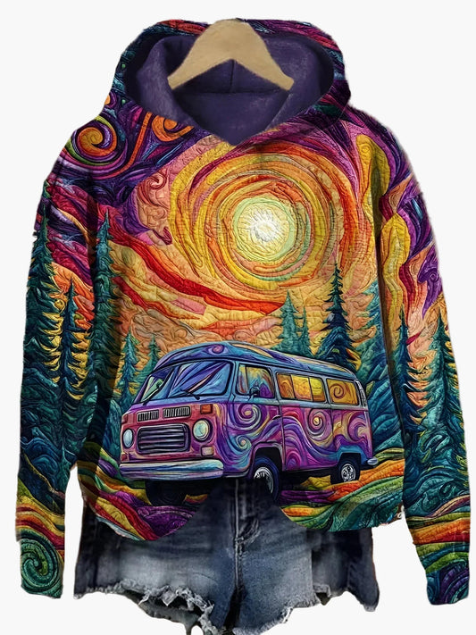 Damen Hippie Hoodie mit Retro-Bus und Psychedelic Muster – Freizeit & Festival