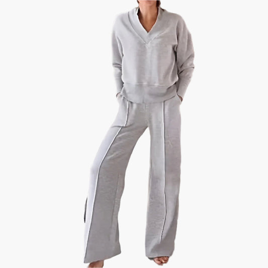 Damen Lounge- und Sportanzug Zweiteiler – Modischer Freizeitlook mit weitem Bein und V-Ausschnitt