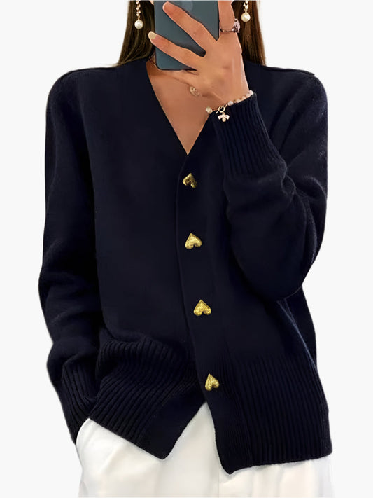 Damen Cardigan Strickjacke mit Herzknöpfen – Eleganter Herbst/Winter Look für Alltag & Büro