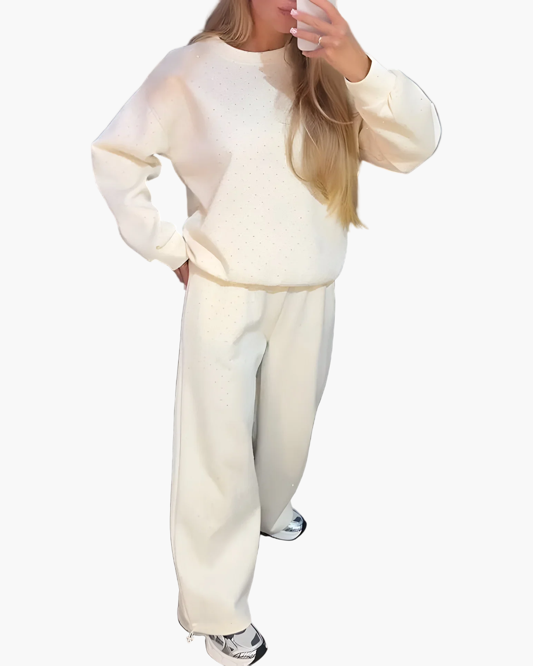 Damen Freizeit Zweiteiler Set mit Strass – Bequemes Oversize Outfit für Alltag und City