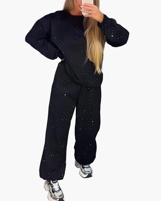 Damen Freizeit Zweiteiler Set mit Strass – Bequemes Oversize Outfit für Alltag und City